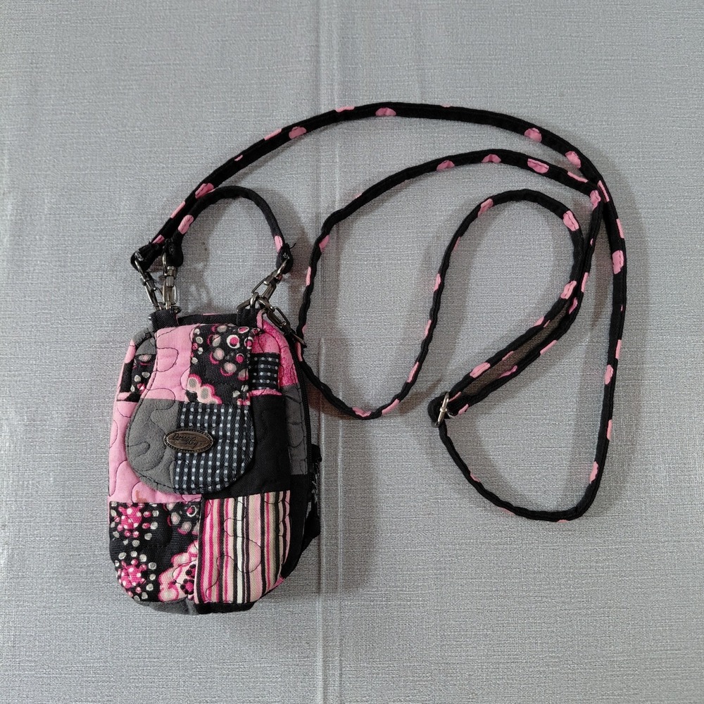 Vtg Donna Sharp Quilted Patchwork Crossbody Cell Phone ID Wallet Pink Black